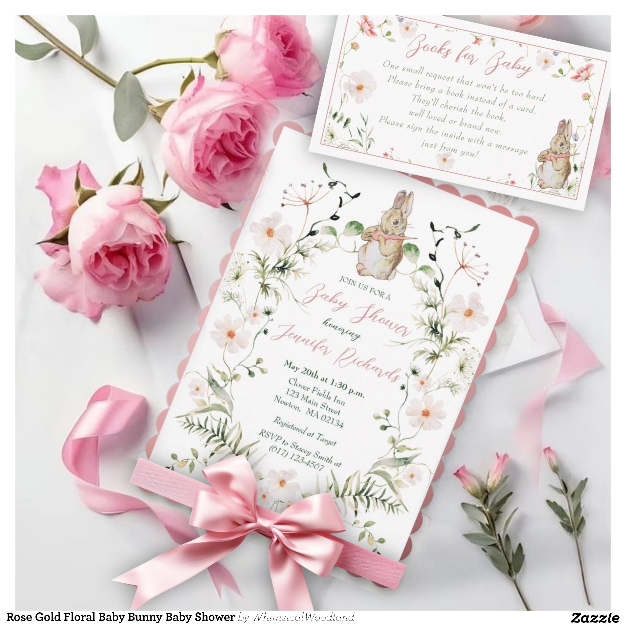 Rose Gold Floral Baby Bunny Baby Shower Invitation