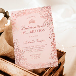 Rose gold floral blush Tiara chic Quincea?era Invitation