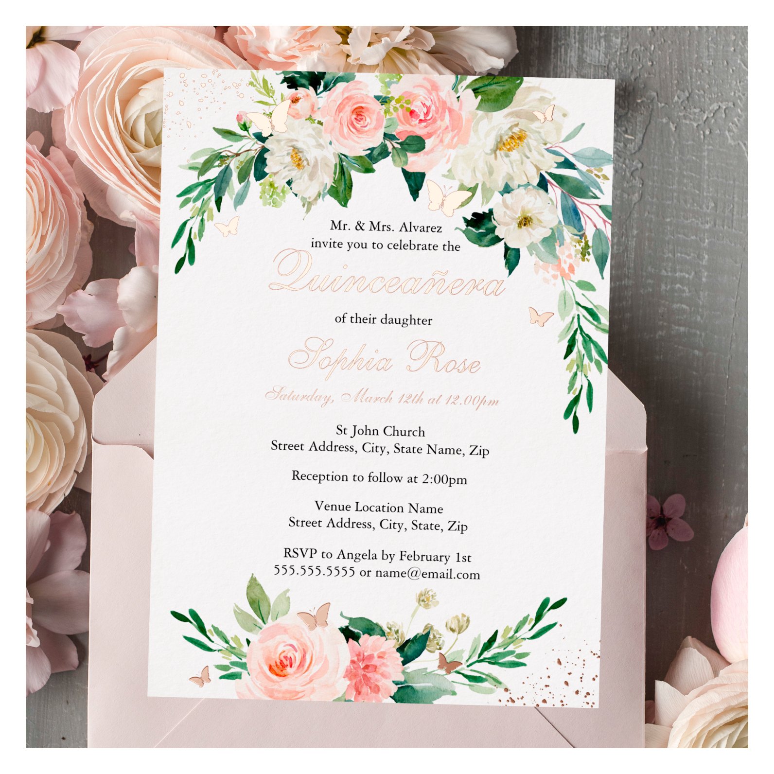 ROSE GOLD FOIL Pink Floral Quinceanera Foil Invitation