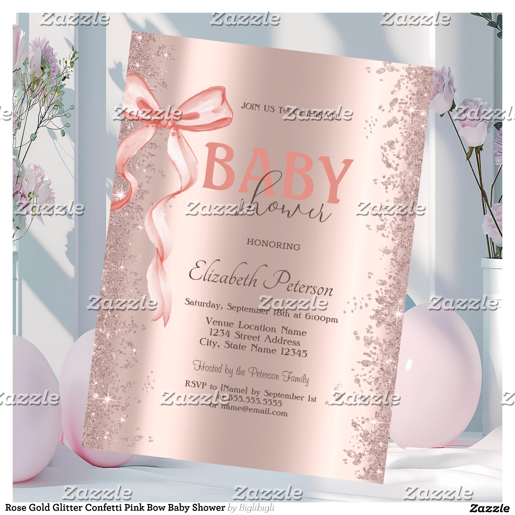Rose Gold Glitter Confetti Pink Bow Baby Shower Invitation