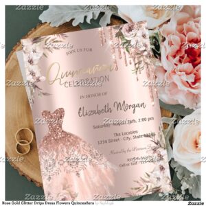 Rose Gold Glitter Drips Dress Flowers Quincea?era Invitation