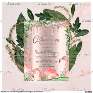 Rose Gold Glitter Drips Pink Flamingos Quincea?era Invitation
