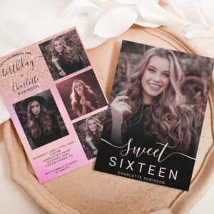 Rose gold glitter holographic 5 photos sweet 16 invitation