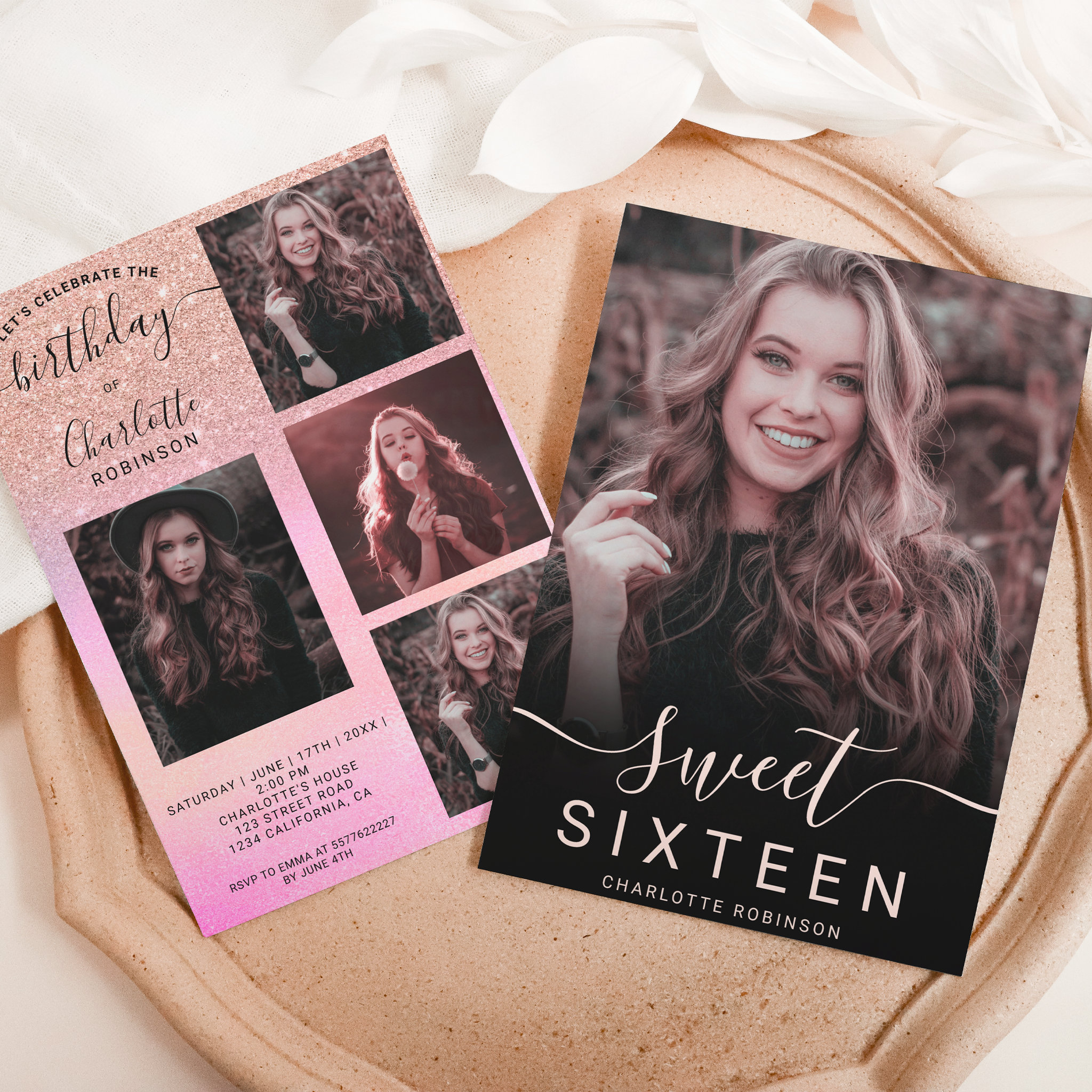 Rose gold glitter holographic 5 photos sweet 16 invitation