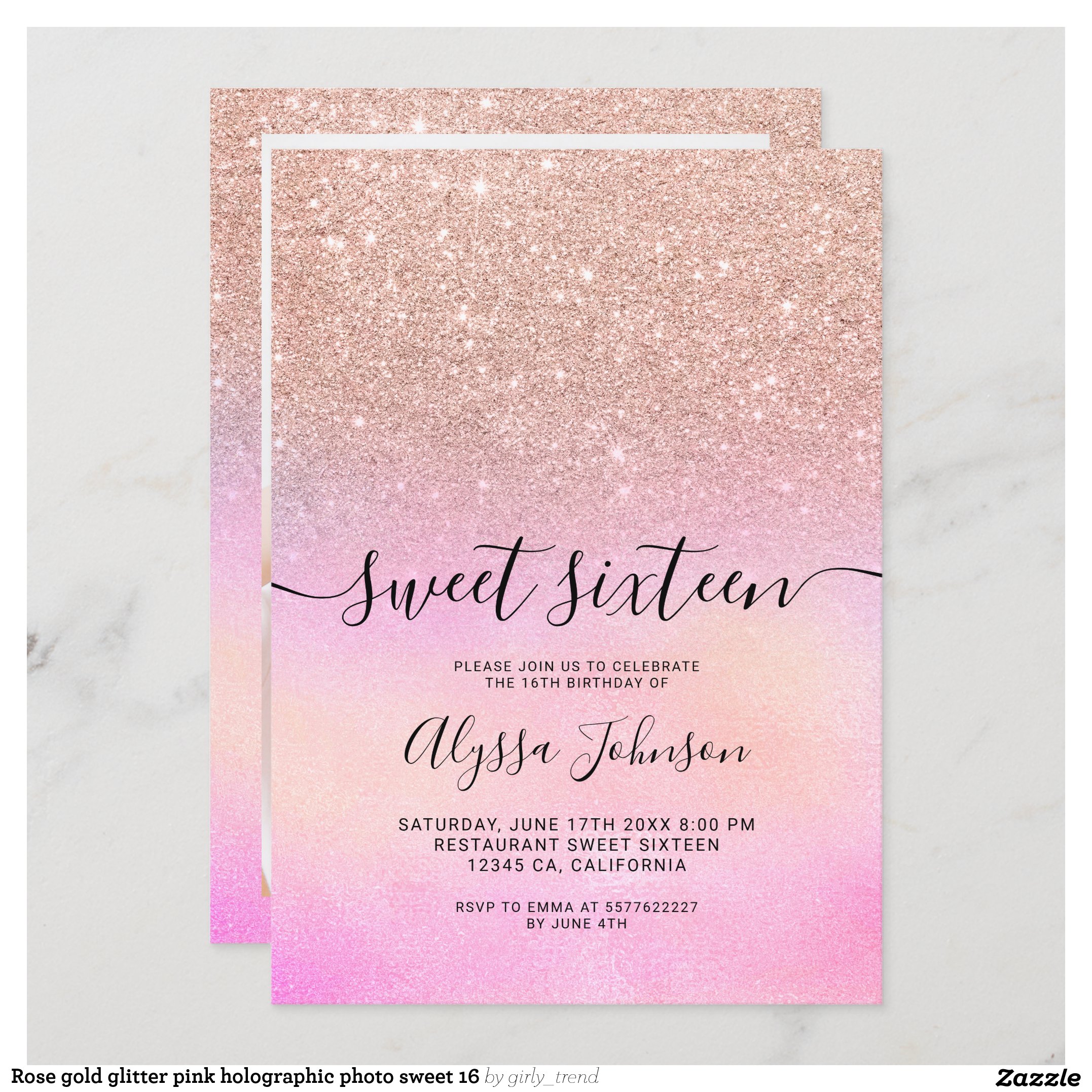 Rose gold glitter pink holographic photo sweet 16 invitation