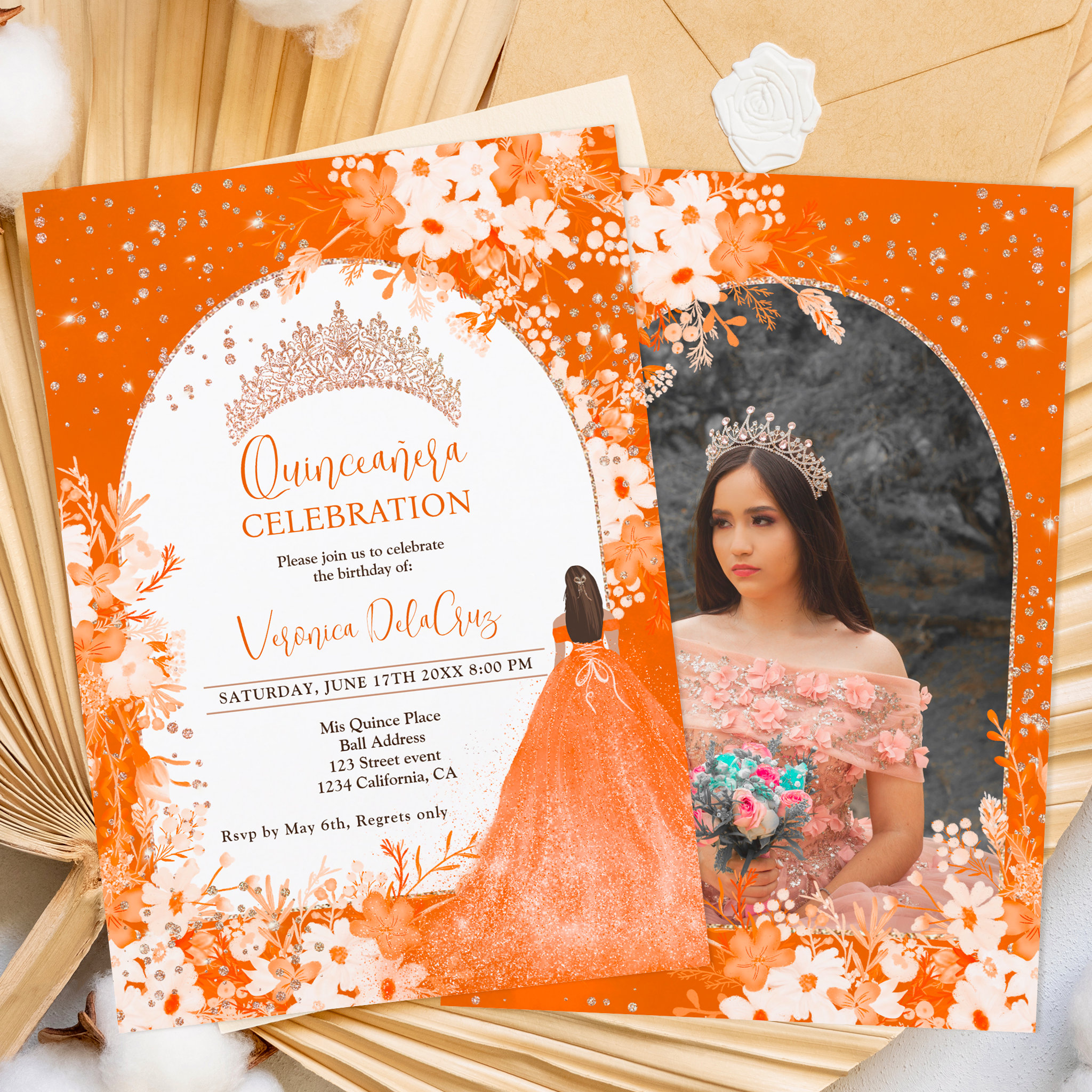 Rose gold orange floral tiara princess Quinceanera Invitation