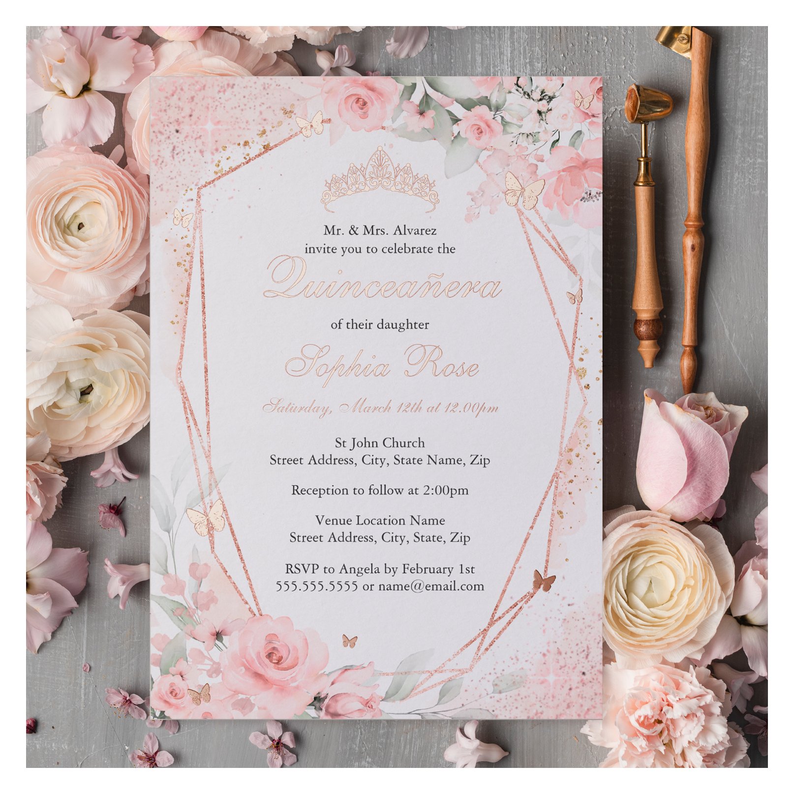Rose Gold Pink Blush Butterfly Floral Quinceanera Foil Invitation