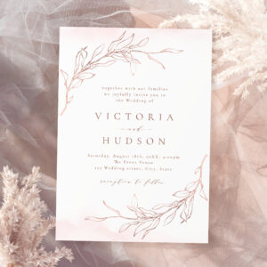 Rose gold simple botanical wreath rustic wedding invitation