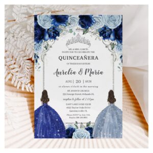 Royal Baby Blue Floral Twins Silver Quincea?era Invitation