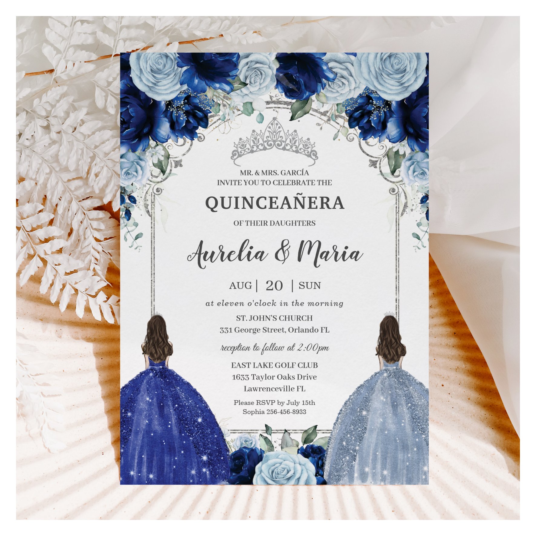 Royal Baby Blue Floral Twins Silver Quincea?era Invitation