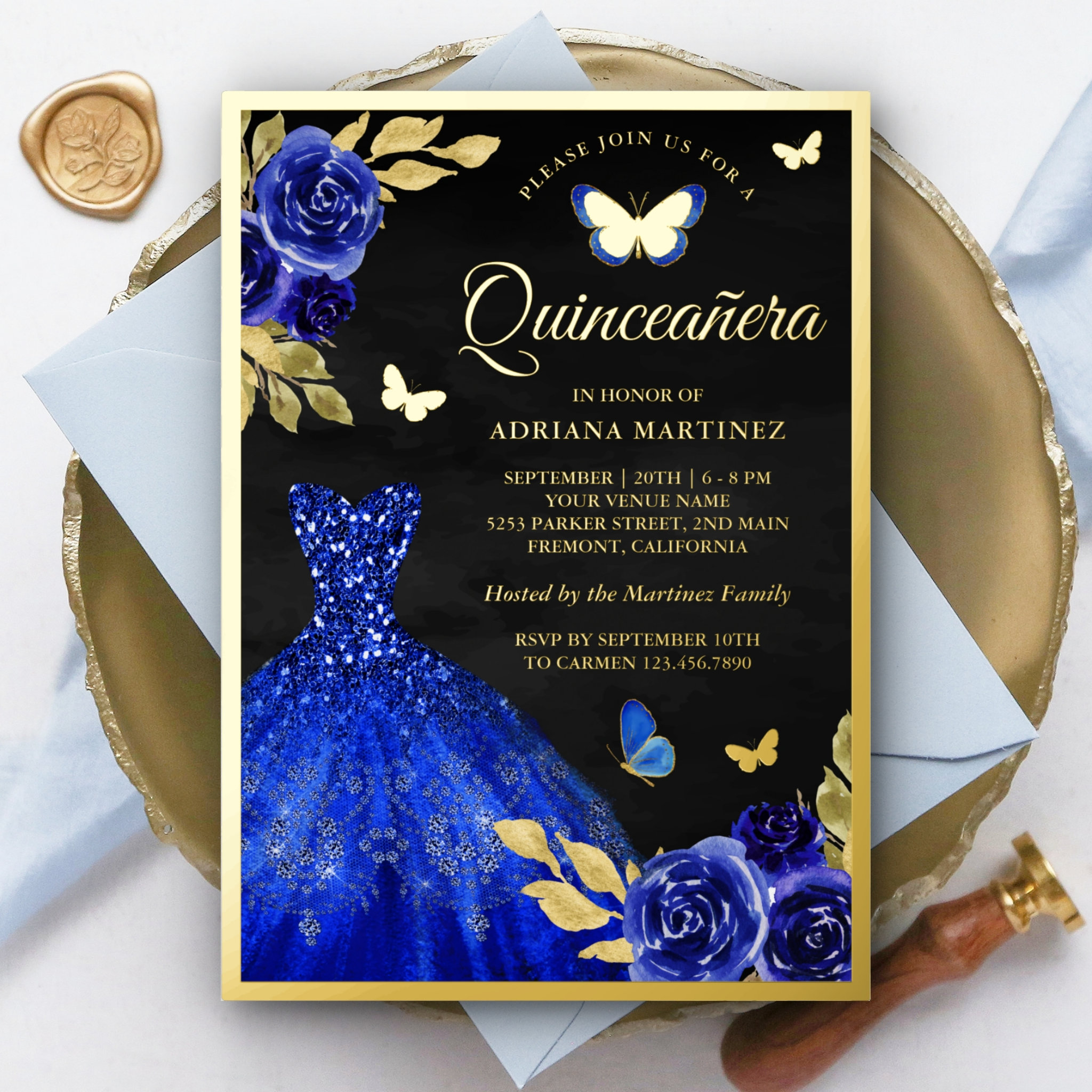 Royal Blue Floral Butterfly Black Quinceanera Gold Foil Invitation