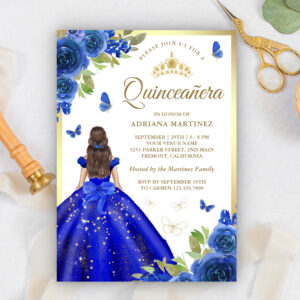 Royal Blue Floral Dress Butterfly Quinceanera Invitation