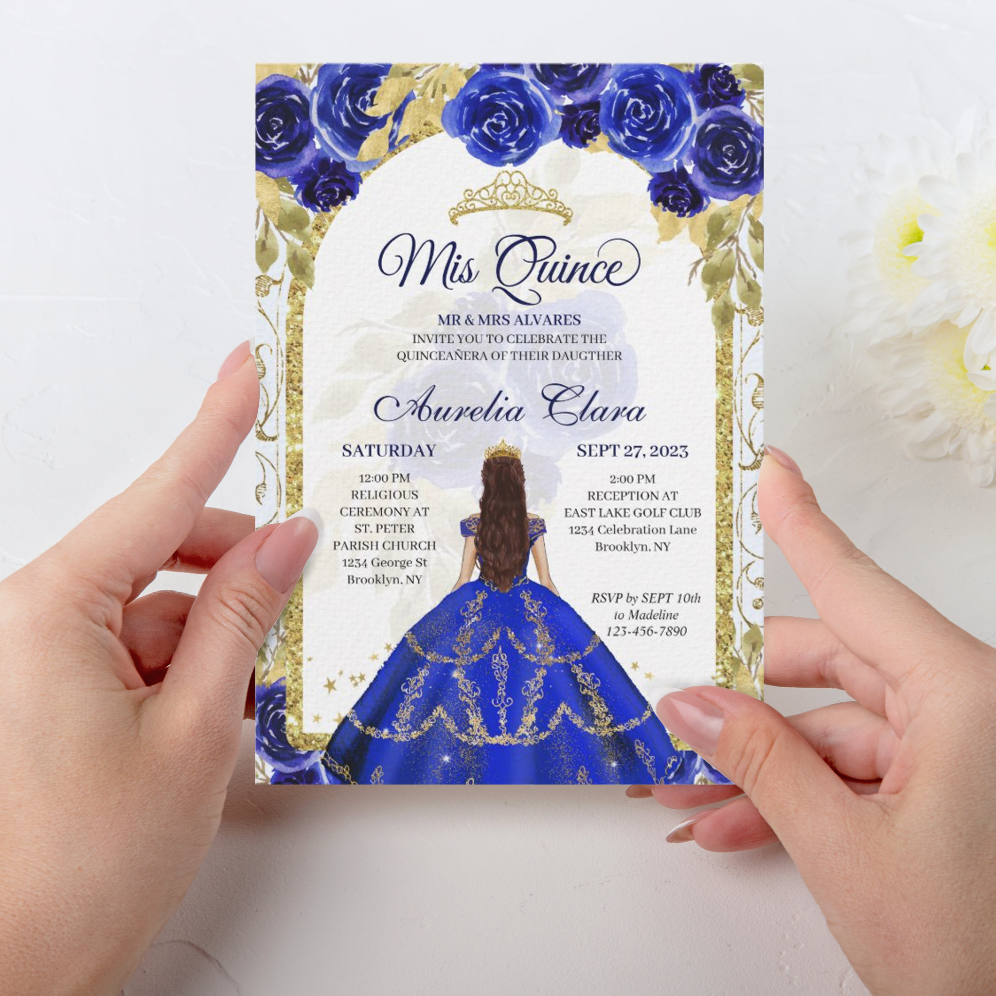 Royal Blue Floral Princess Gold Arch Quinceanera Invitation