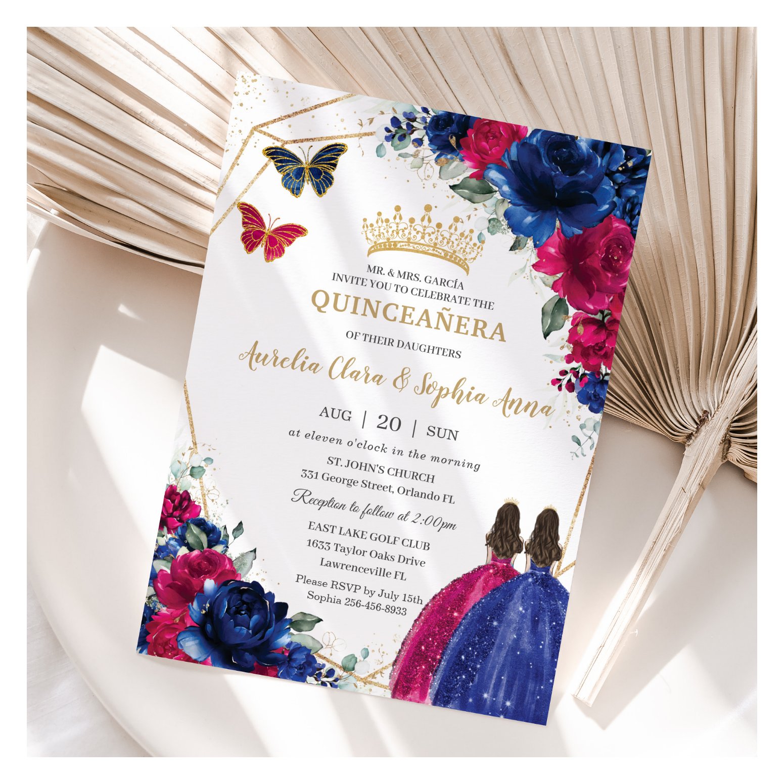 Royal Blue Fuchsia Pink Floral Twins Quincea?era Invitation