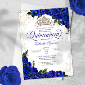 Royal Blue Roses & Gold Tiara Elegant Quincea?era Invitation