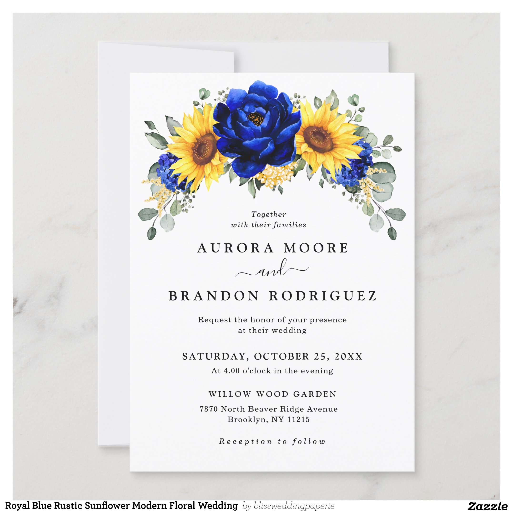 Royal Blue Rustic Sunflower Modern Floral Wedding Invitation