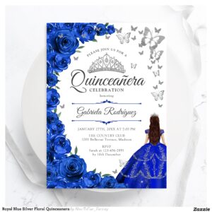 Royal Blue Silver Floral Quinceanera Invitation