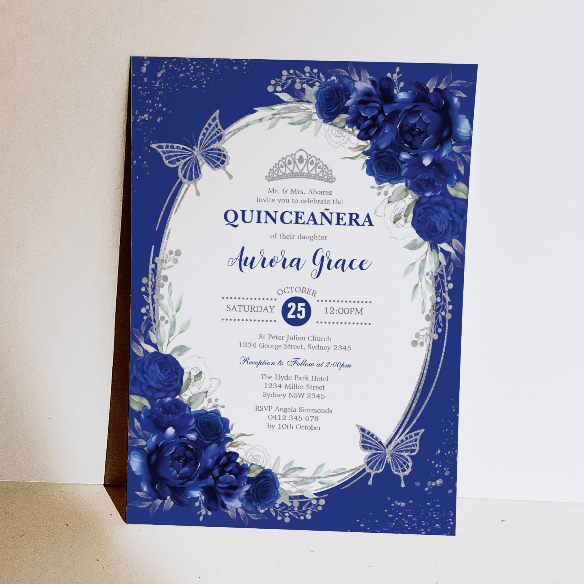 Royal Blue Silver Quincea?era Mis Quince 15 Anos Invitation