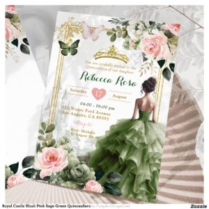 Royal Castle Blush Pink Sage Green Quincea?era Invitation