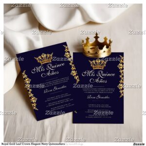 Royal Gold Leaf Crown Elegant Navy Quincea?era Invitation