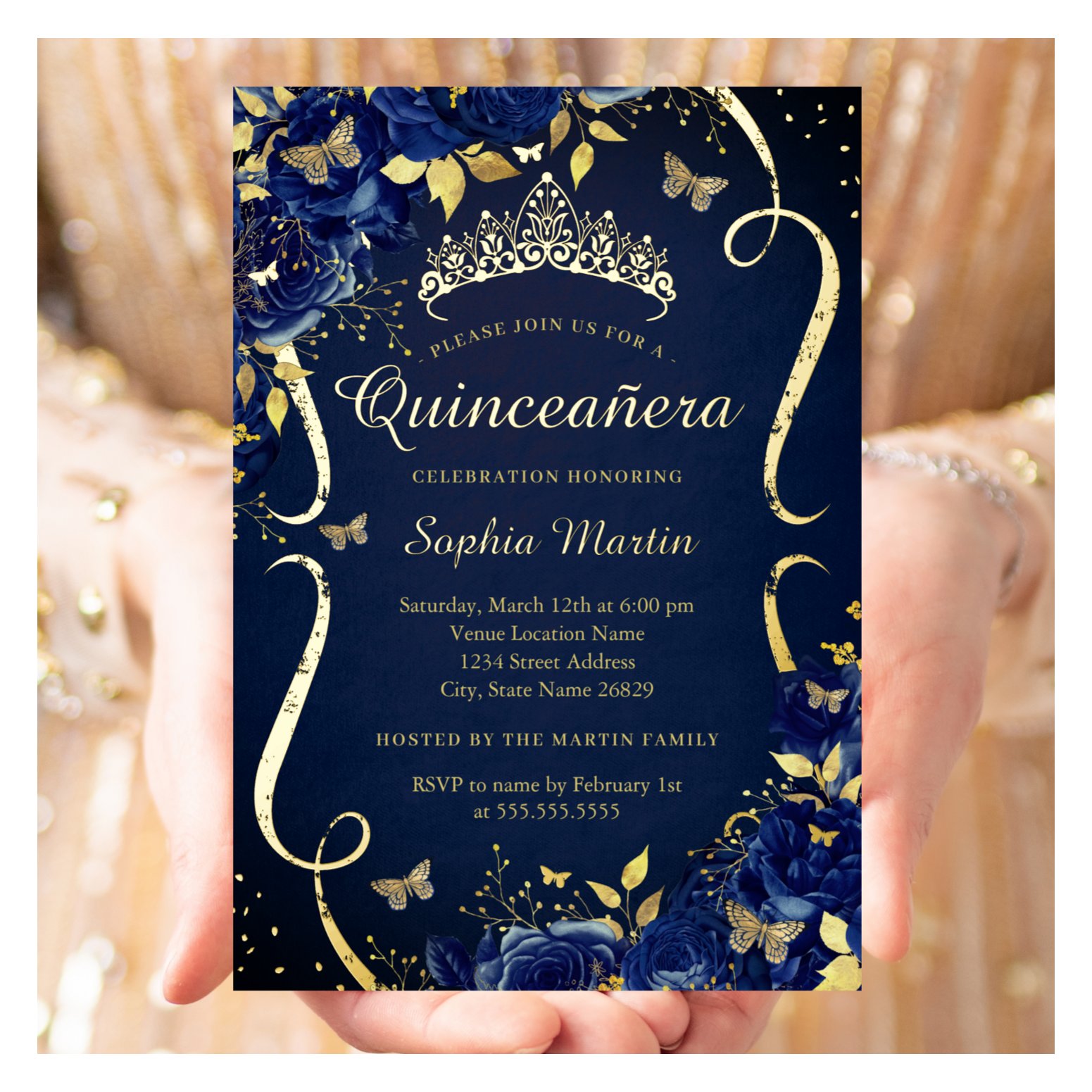 Royal Navy Gold Floral Butterfly Tiara Quinceanera Foil Invitation