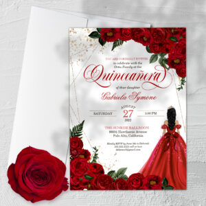 Ruby Red Floral Rose & Gold Elegant Quincea?era Invitation