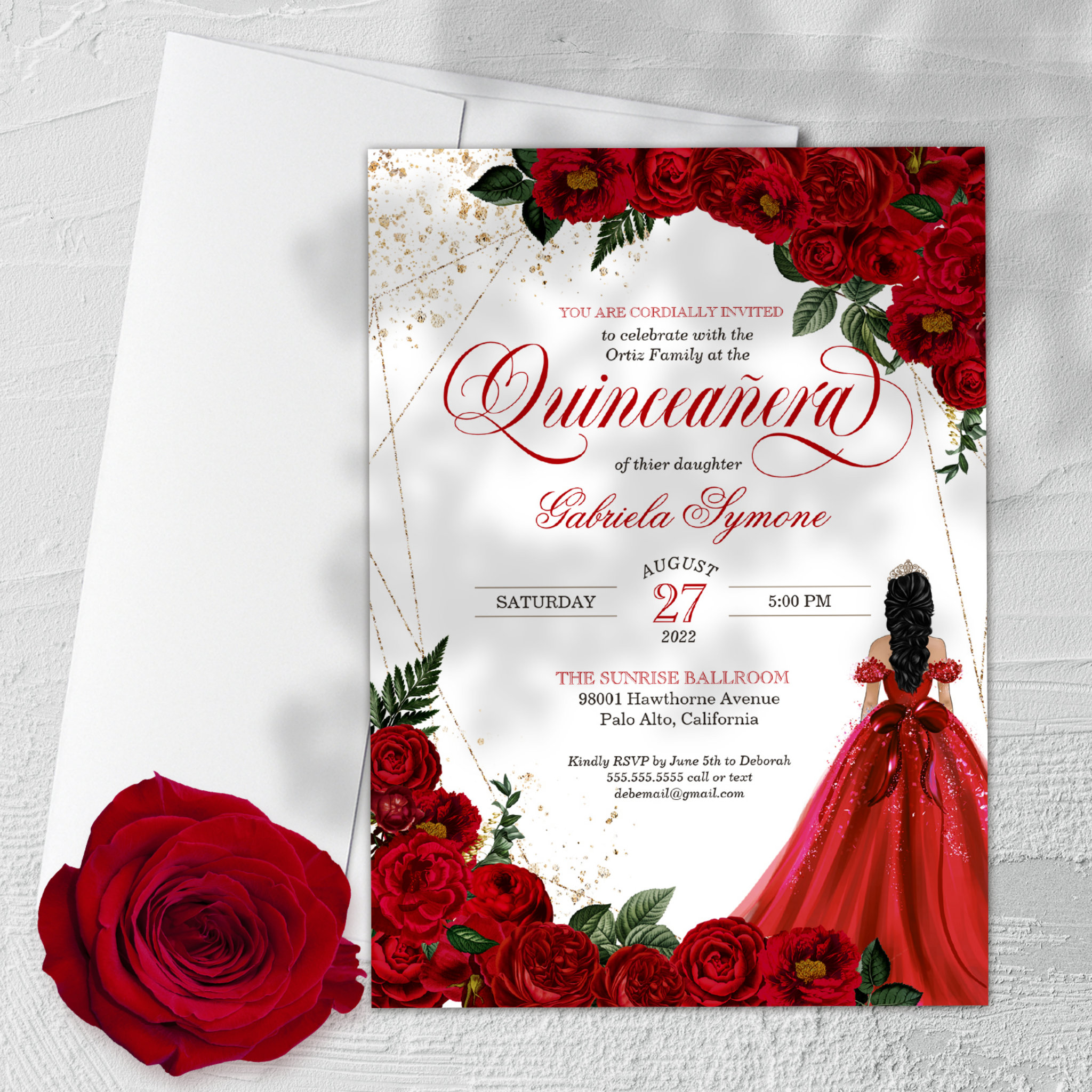Ruby Red Floral Rose & Gold Elegant Quincea?era Invitation