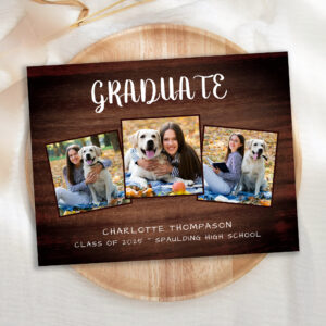 Rustic 3 Photo Wood Graduation Invitation Postcard