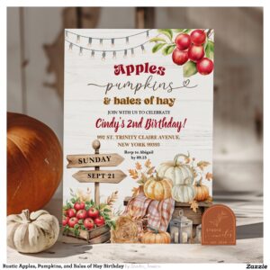 Rustic Apples, Pumpkins, and Bales of Hay Birthday Invitation
