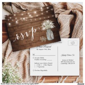 Rustic Baby's Breath Mason Jar String Lights RSVP Invitation Postcard