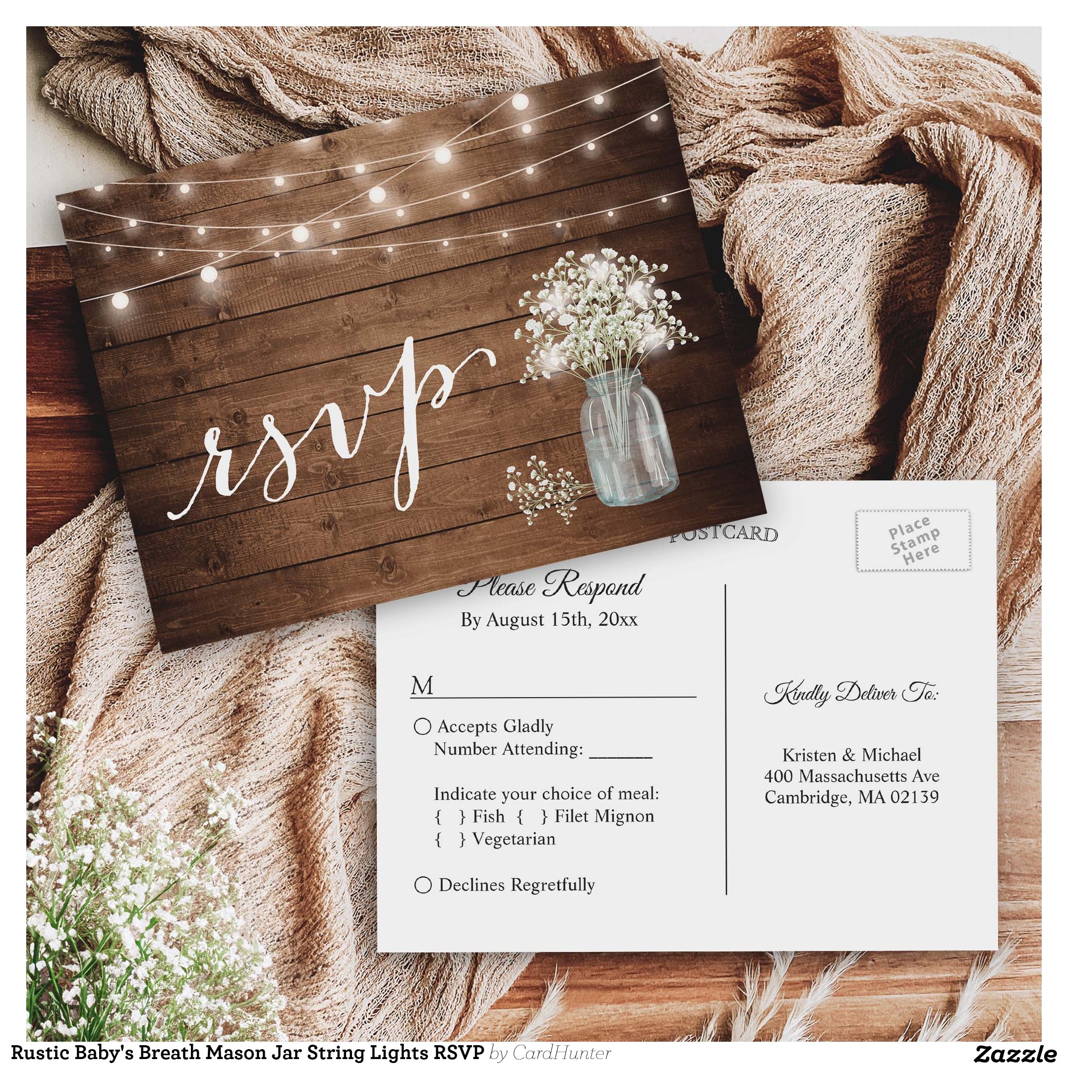 Rustic Baby's Breath Mason Jar String Lights RSVP Invitation Postcard