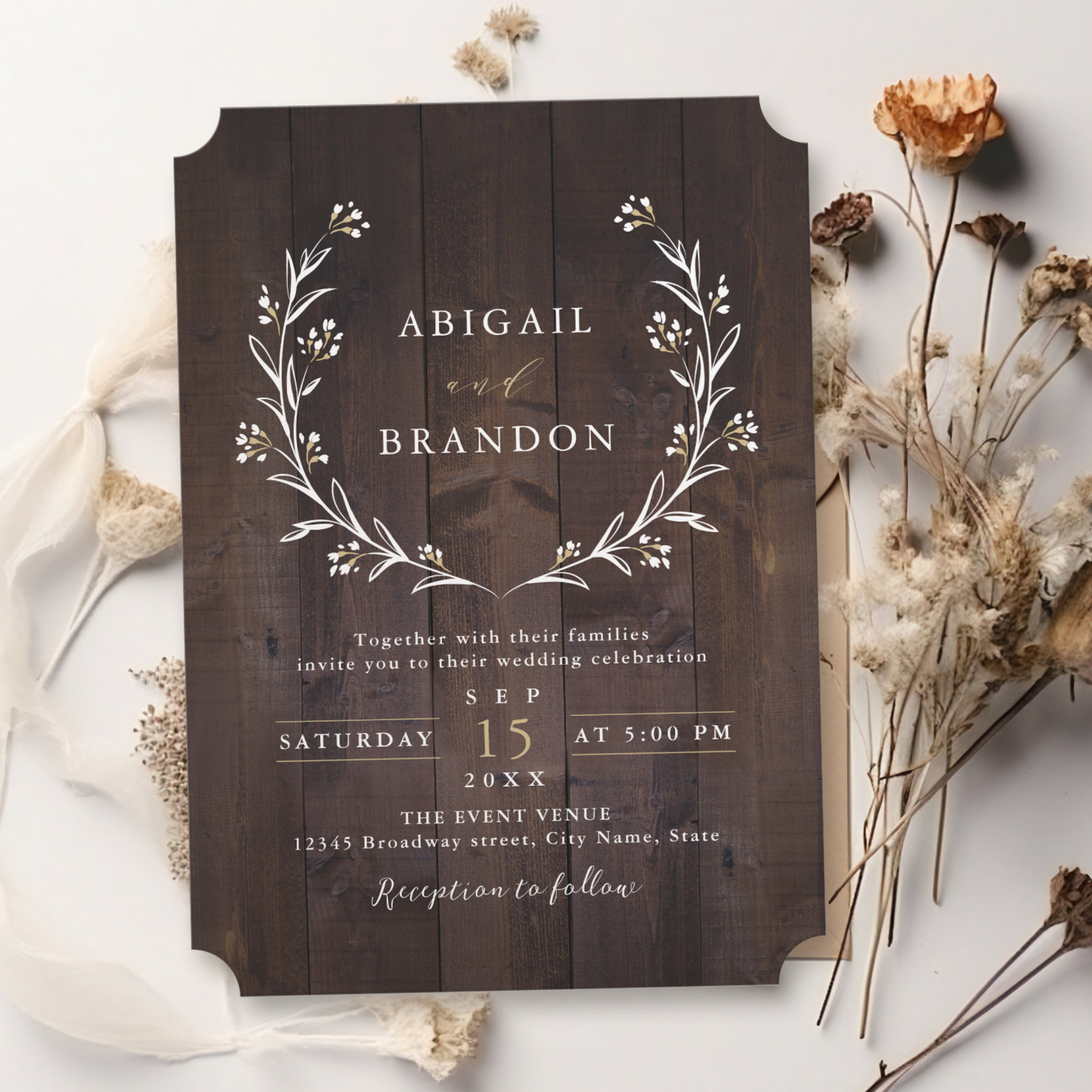 Rustic Barn Wood Boho Floral Country Wedding Invitation