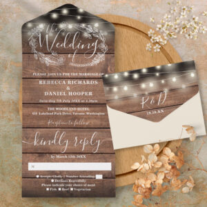 Rustic Barn Wood String Lights Floral Wedding All All In One Invitation