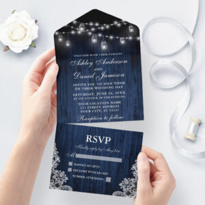 Rustic Blue Wood Jar Lights Lace Wedding All In One Invitation