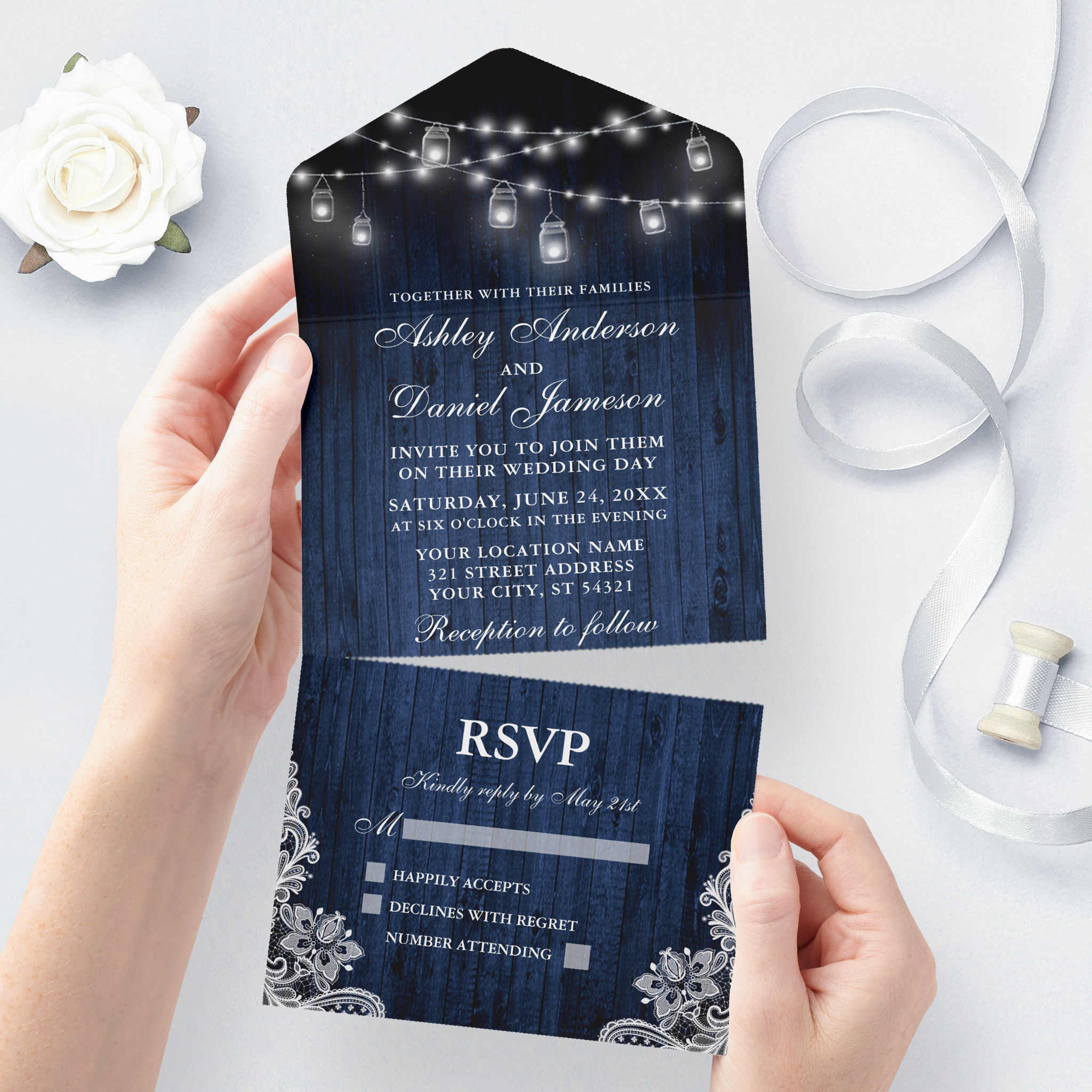 Rustic Blue Wood Jar Lights Lace Wedding All In One Invitation