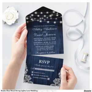 Rustic Blue Wood String Lights Lace Wedding All In One Invitation
