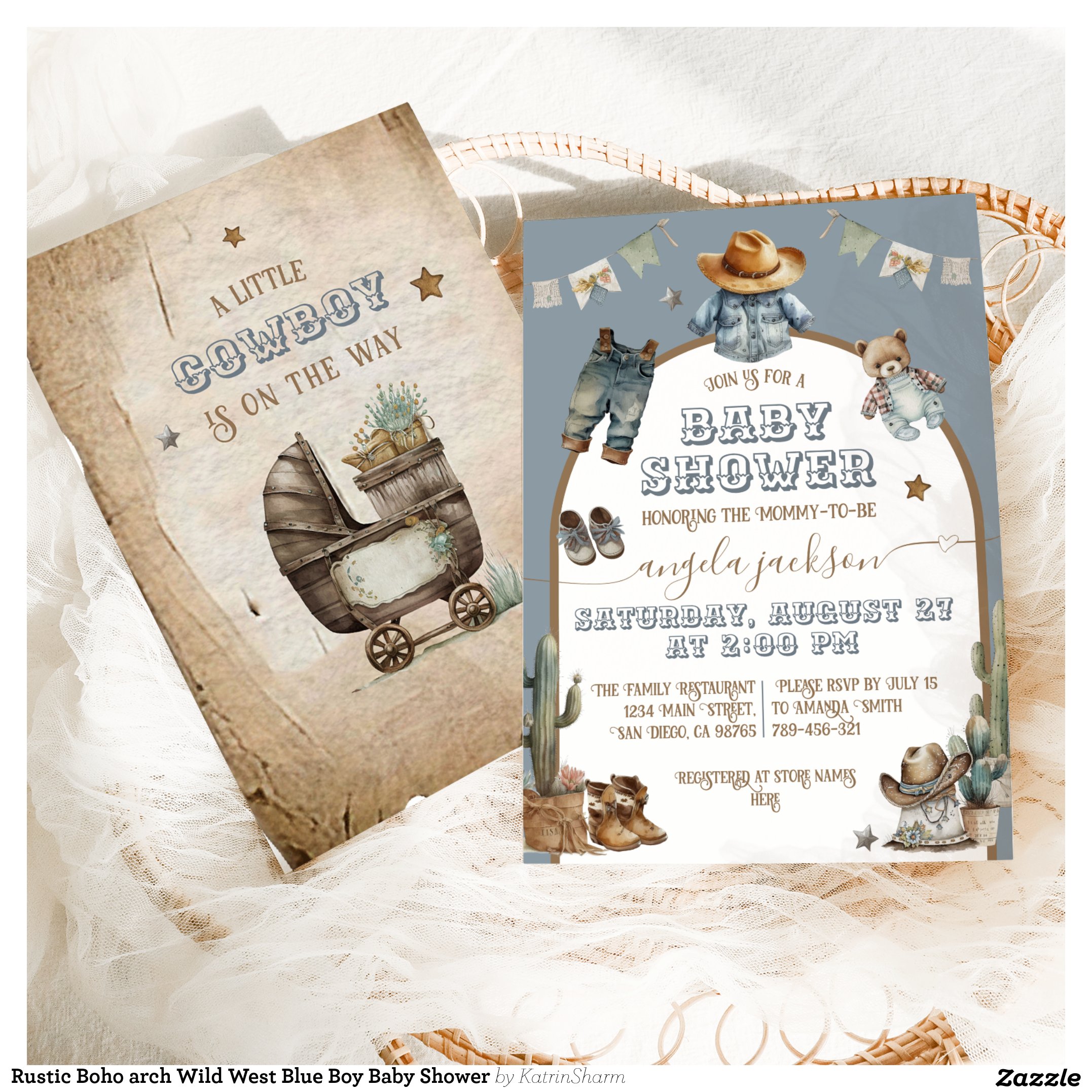 Rustic Boho arch Wild West Blue Boy Baby Shower Invitation