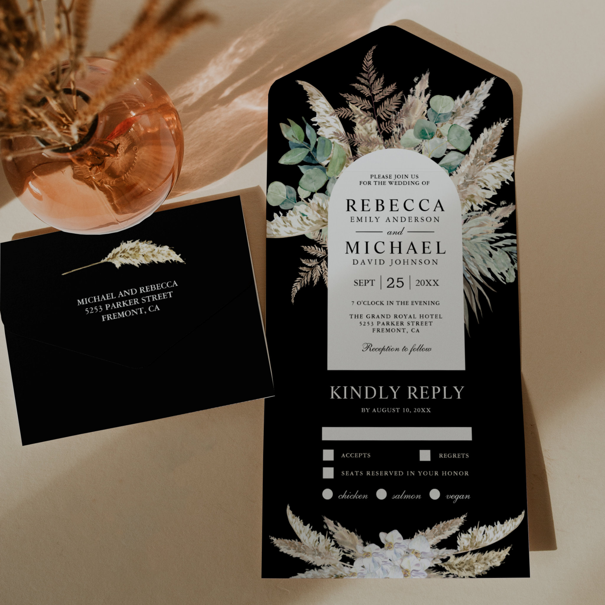 Rustic Boho Pampas Eucalyptus Arch Black Wedding All In One Invitation