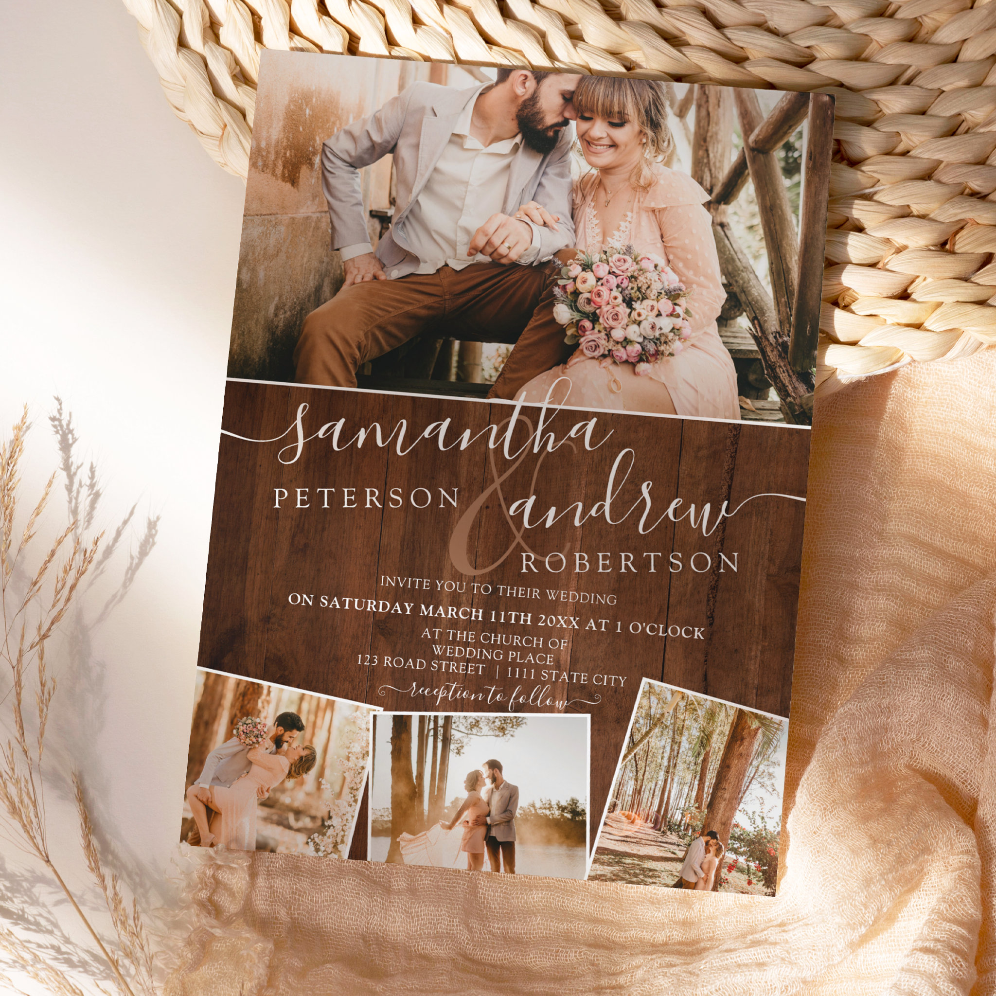 Rustic brown wood chic script 5 photos wedding invitation