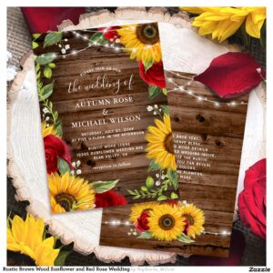 Rustic Brown Wood Sunflower and Red Rose Wedding Invitation