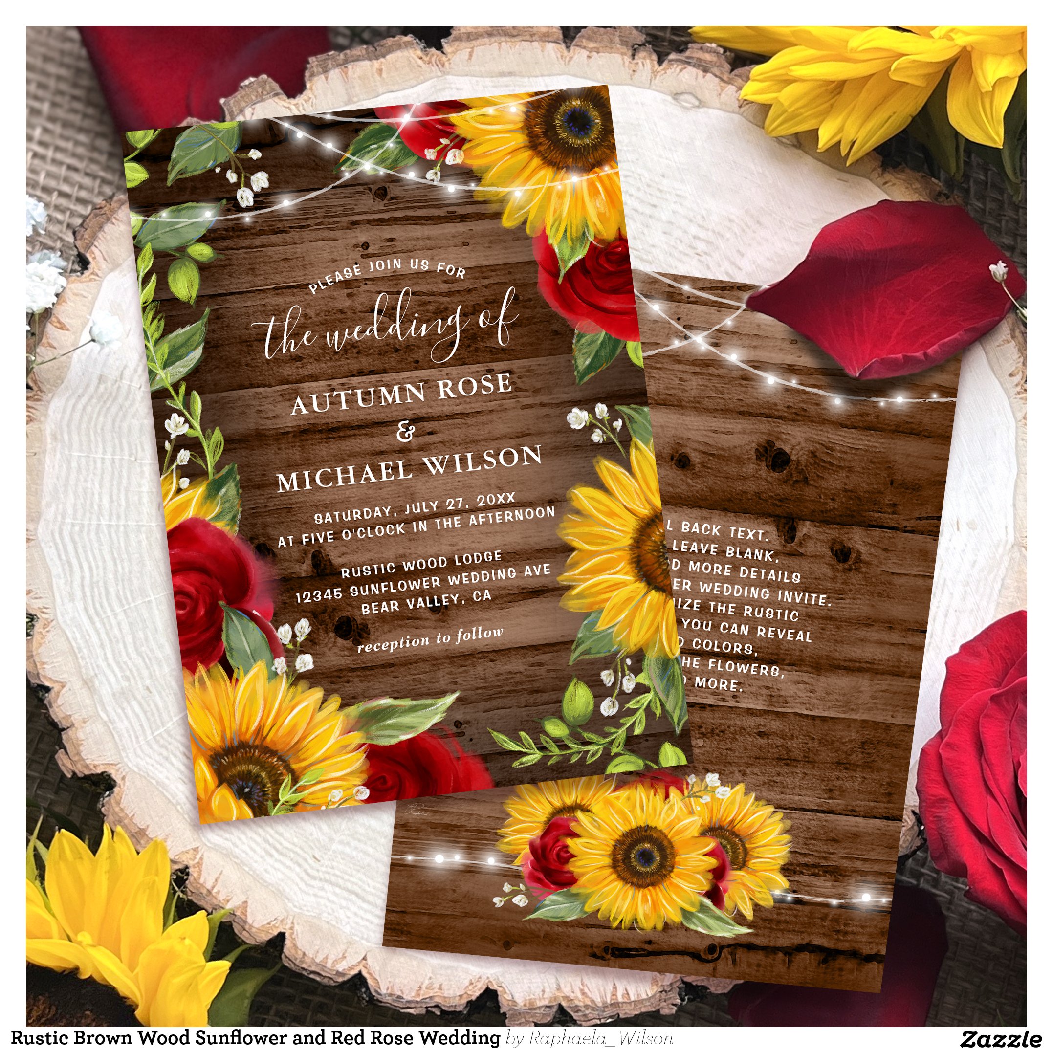 Rustic Brown Wood Sunflower and Red Rose Wedding Invitation