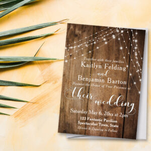 Rustic Brown Wood, White Light Strings Wedding 2 Invitation