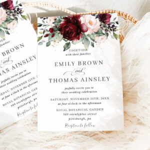 Rustic Burgundy Blush Pink Floral Greenery Wedding Invitation