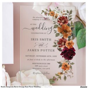 Rustic Burgundy Burnt Orange Rust Floral Wedding Acrylic Invitations