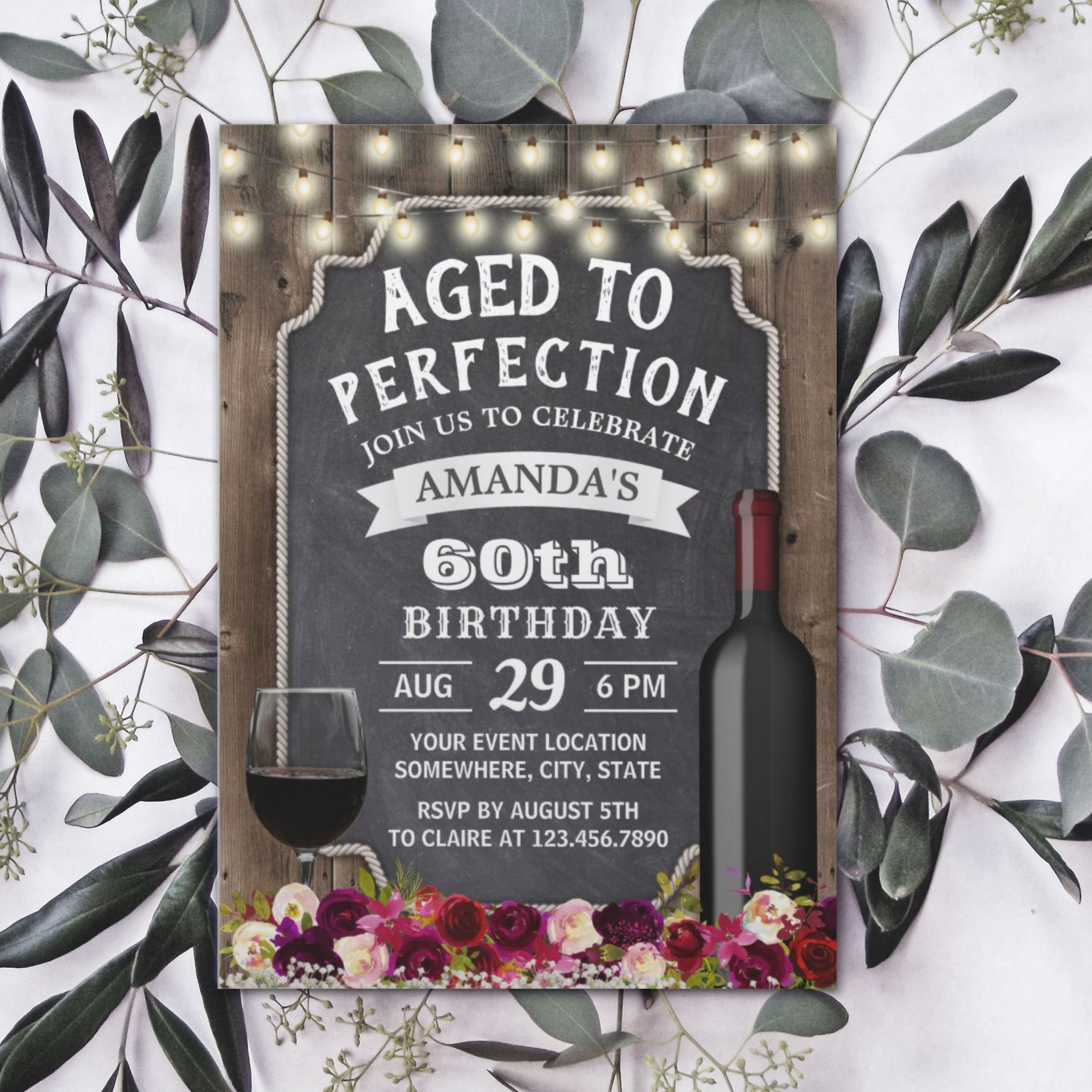 Rustic Burgundy Floral Wine Barn Wood Birthday Invitation