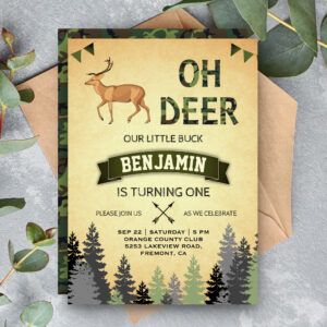 Rustic Camo Deer Hunting First Birthday Invitation