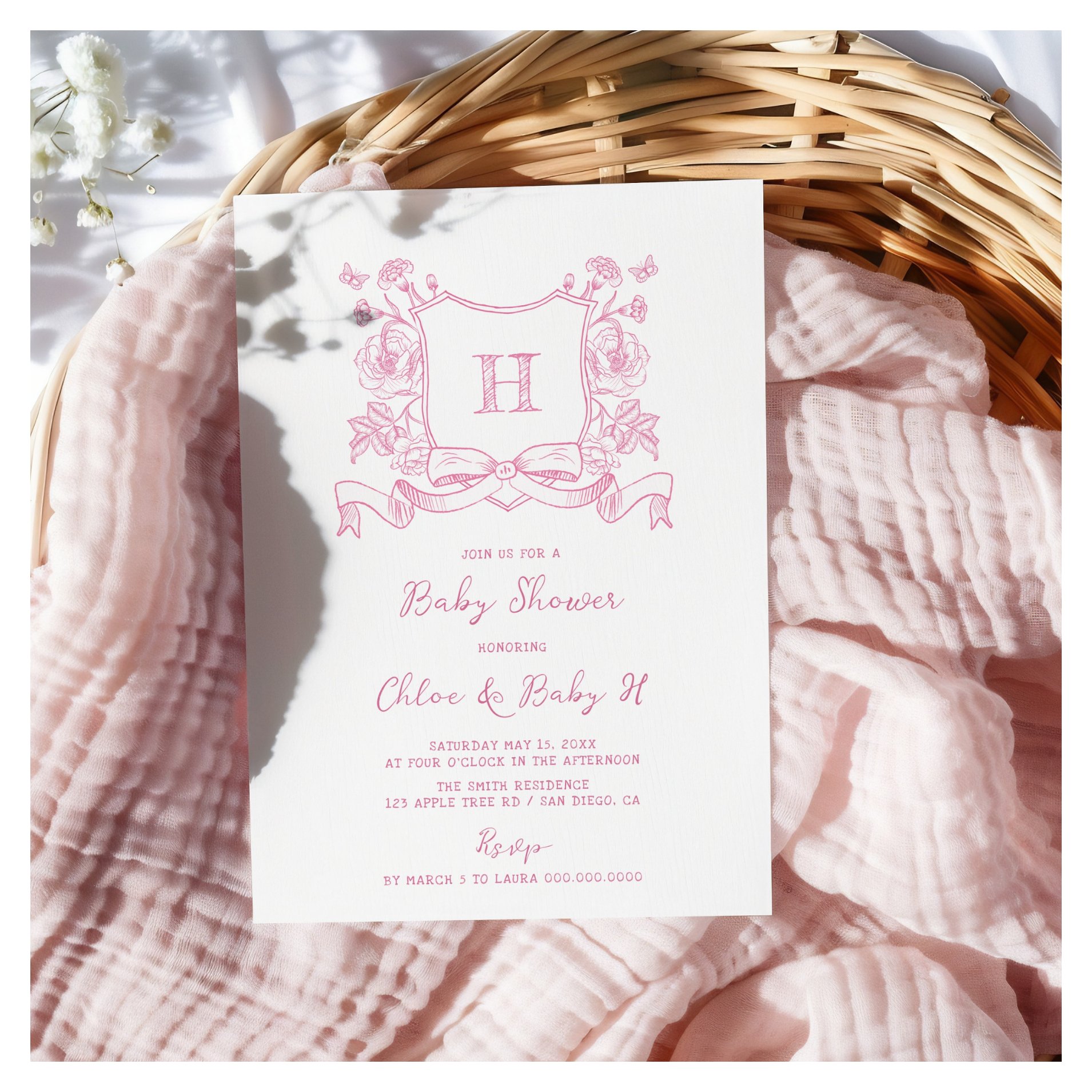 Rustic Chinoiserie Bow Floral Crest Baby Shower Invitation