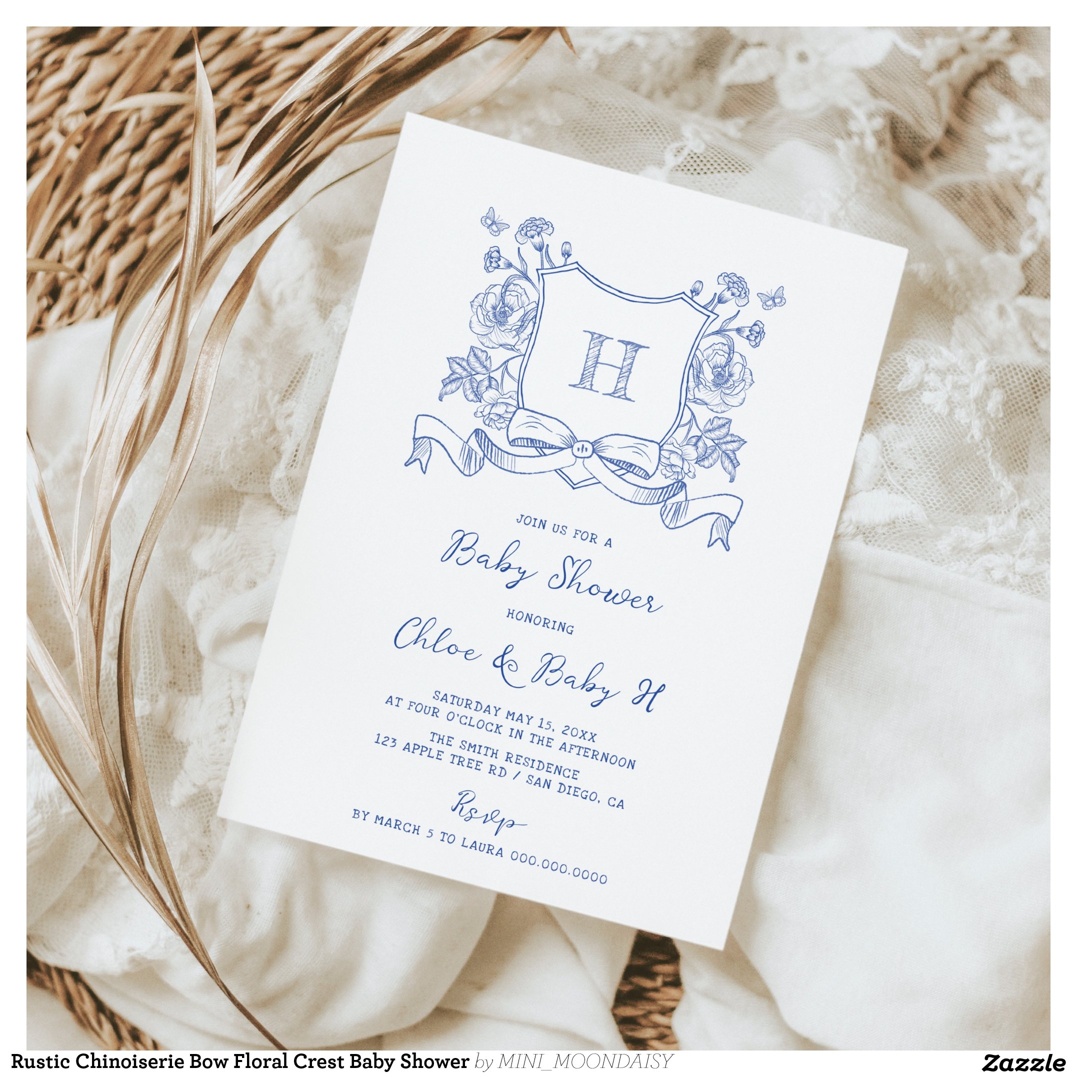 Rustic Chinoiserie Bow Floral Crest Baby Shower Invitation