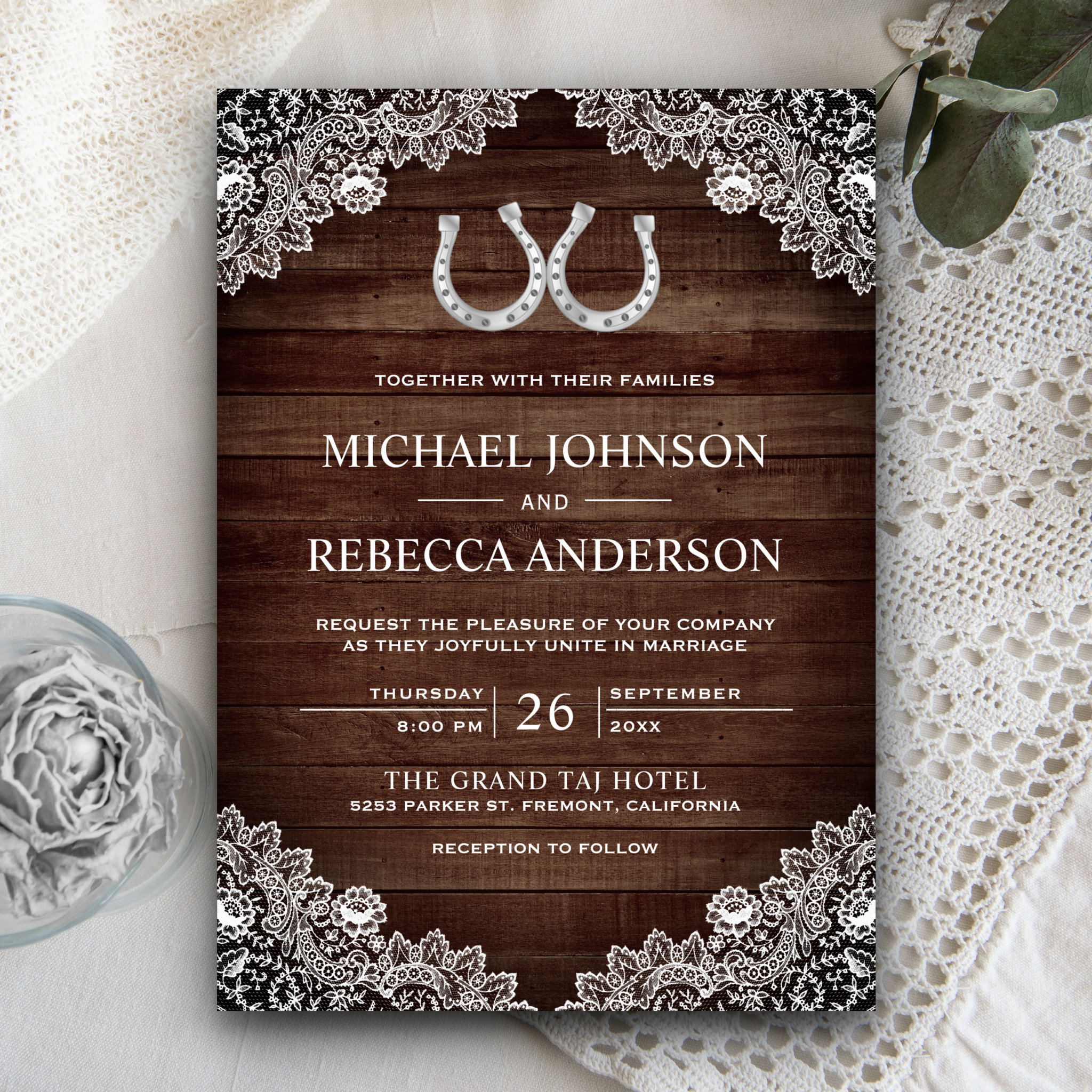 Rustic Country Barn Wood Horseshoe Lace Wedding Invitation