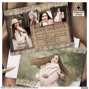 Rustic Country Wood Lace GRADUATE 5 Photos Invitation